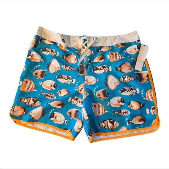 Sperry  Sider Swim Trunks Men 38 Blue Orange Fish Graphic Board Shorts New Ocean - Picture 1 of 14